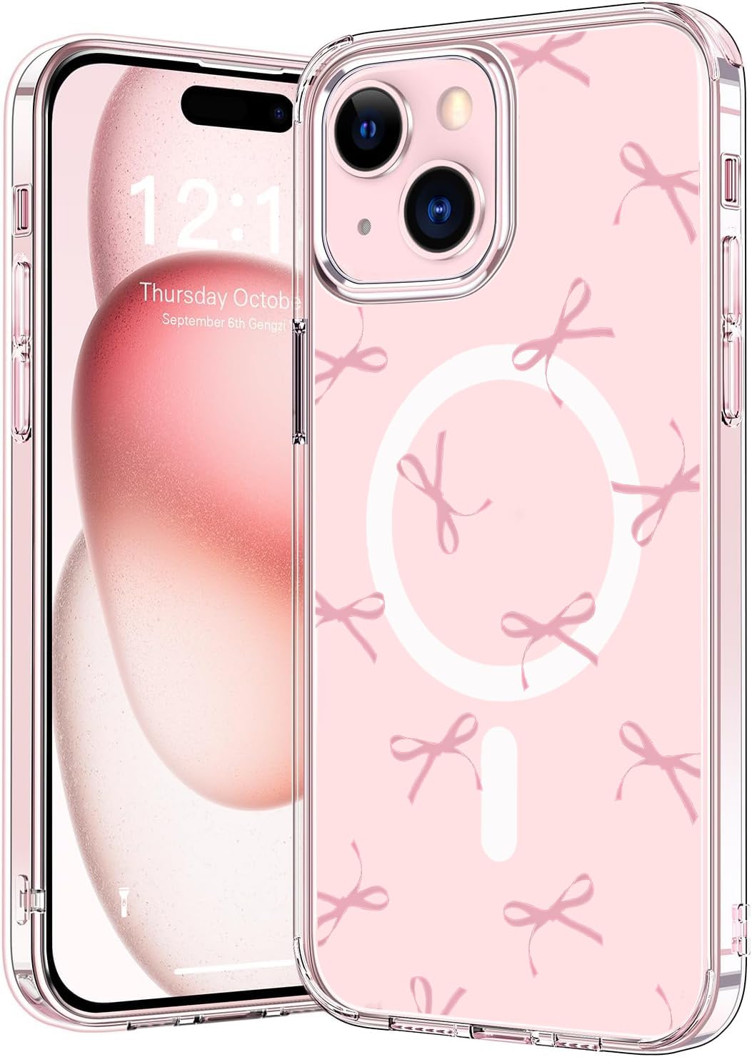 Houdqklee Magnetic for iPhone 13/14 Case, Cute Kawaii Girly Pink Bow Phone Case Compatible with MagSafe, Clear Soft Slim Fit Shockproof Protective