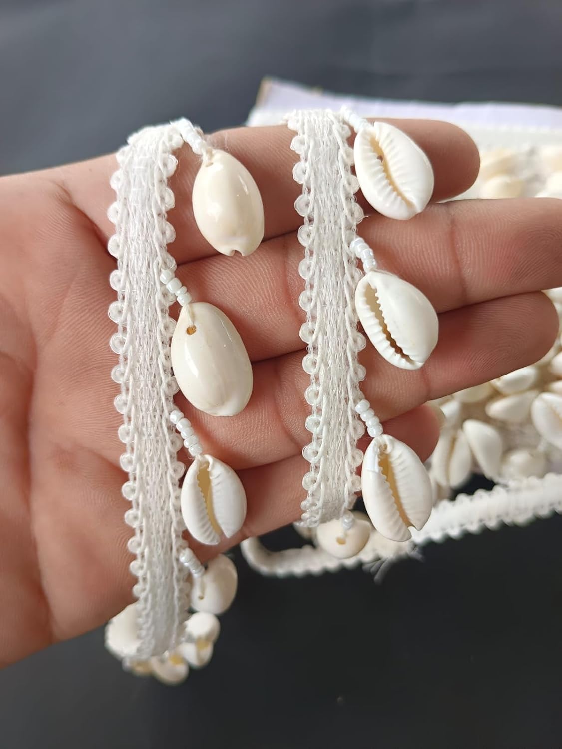 Sea Shell Lace (Kodi Lace) Border Hanging Latkan Fringe Gota Trim for Saree, Suit, Dupatta,(8.5 Miter) (Shell)