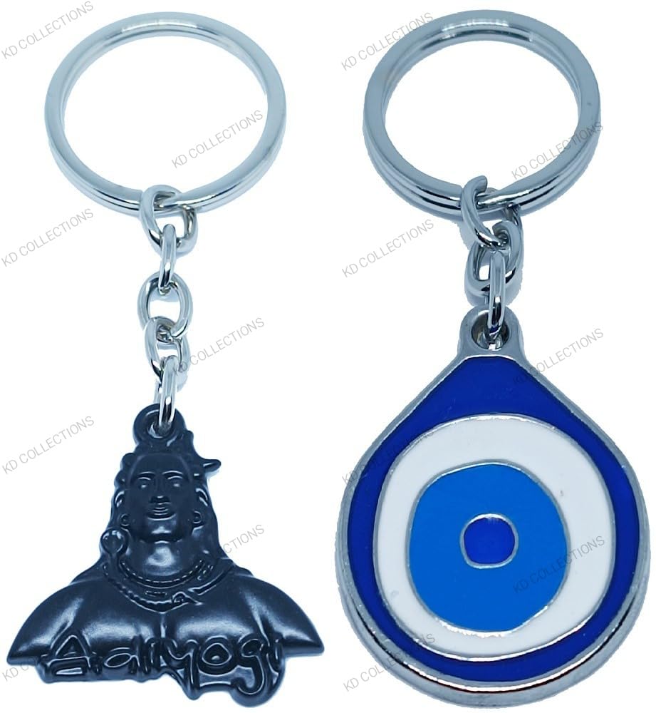 KD COLLECTIONSKD COLLECTIONS Evil Eye Feng Shui Good Luck Keychain & Lord Shiva Shankar Mahadev Om Namah Shivay Adiyogi Keychain - Black Blue - Pack of 2 Keychains