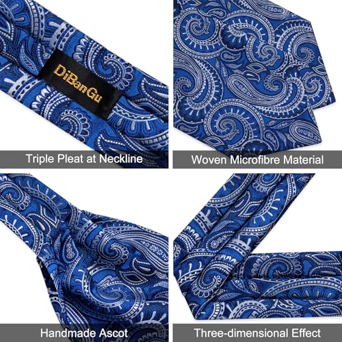 Image of DiBanGu Mens Silk Ascot Ties Paisley Jacquard Woven Cravat and Pocket Square Cufflinks with Lapel Pin for Business Wedding