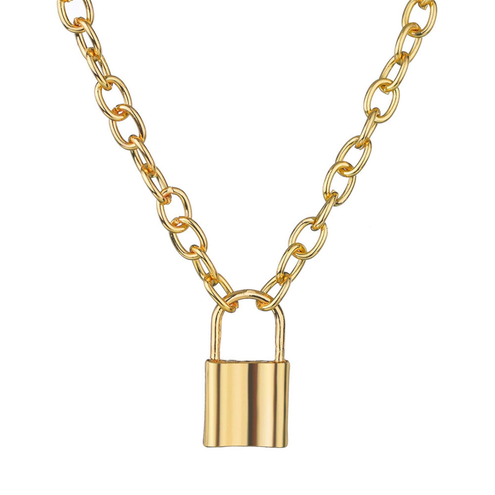 coadipress Lock Pendant Necklace Statement Gold Silver Plated Long Chain (Gold)