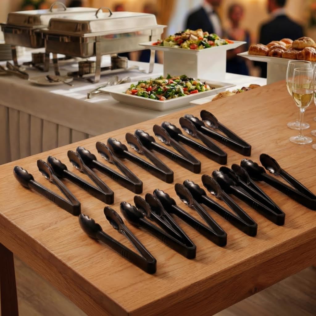 24 Pieces Disposable Serving Tongs Heavy Duty Plastic Utensils For Buffets Bbq Parties And Catering With Scalloped Grip And Comfortable Handles In Black Color