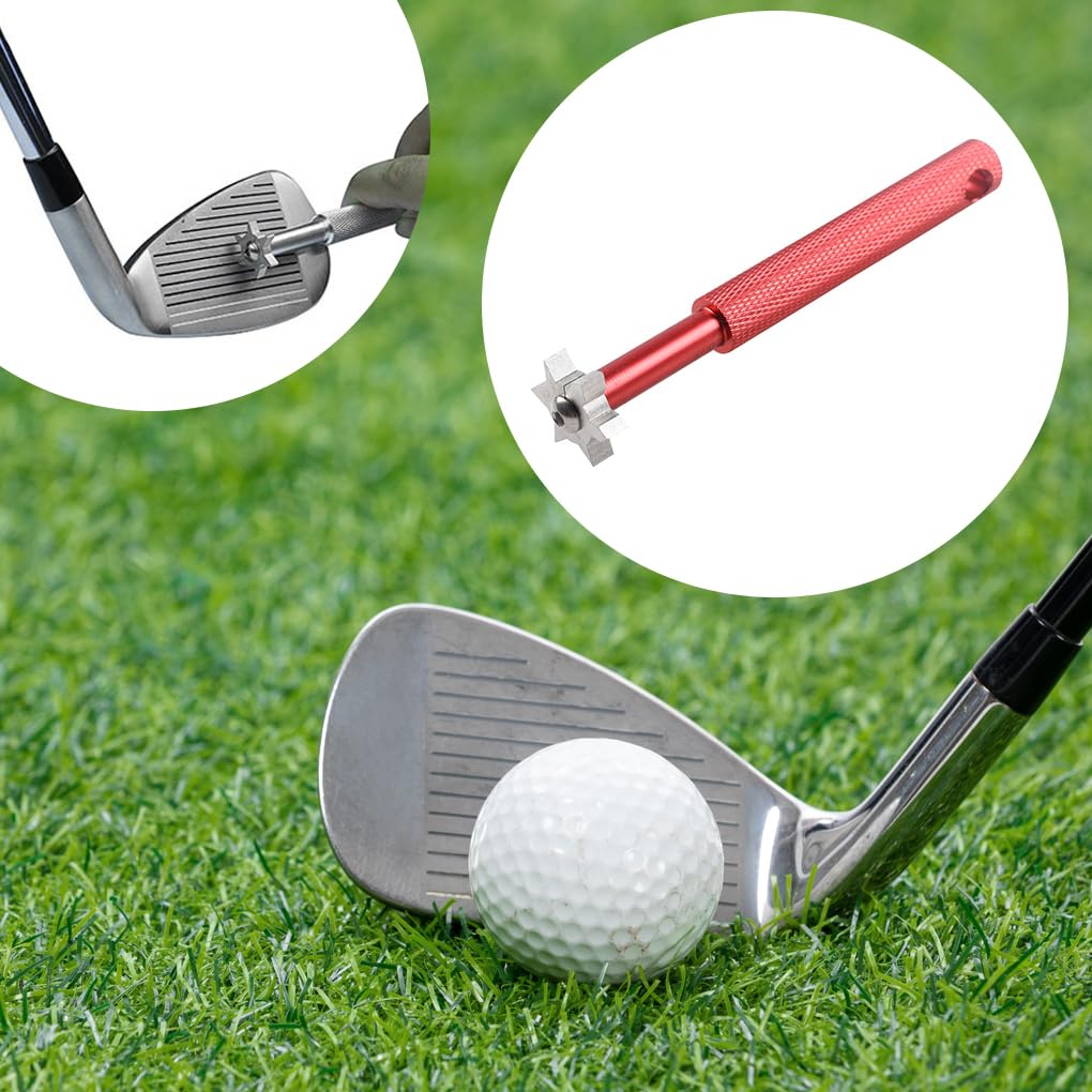 Golfrillenschärfer, Edelstahl, Aluminiumlegierung, Eisenkeil, 6 Köpfe, Reinigungs-Schärfwerkzeug, tragbar, Outdoor-Sport, Rot