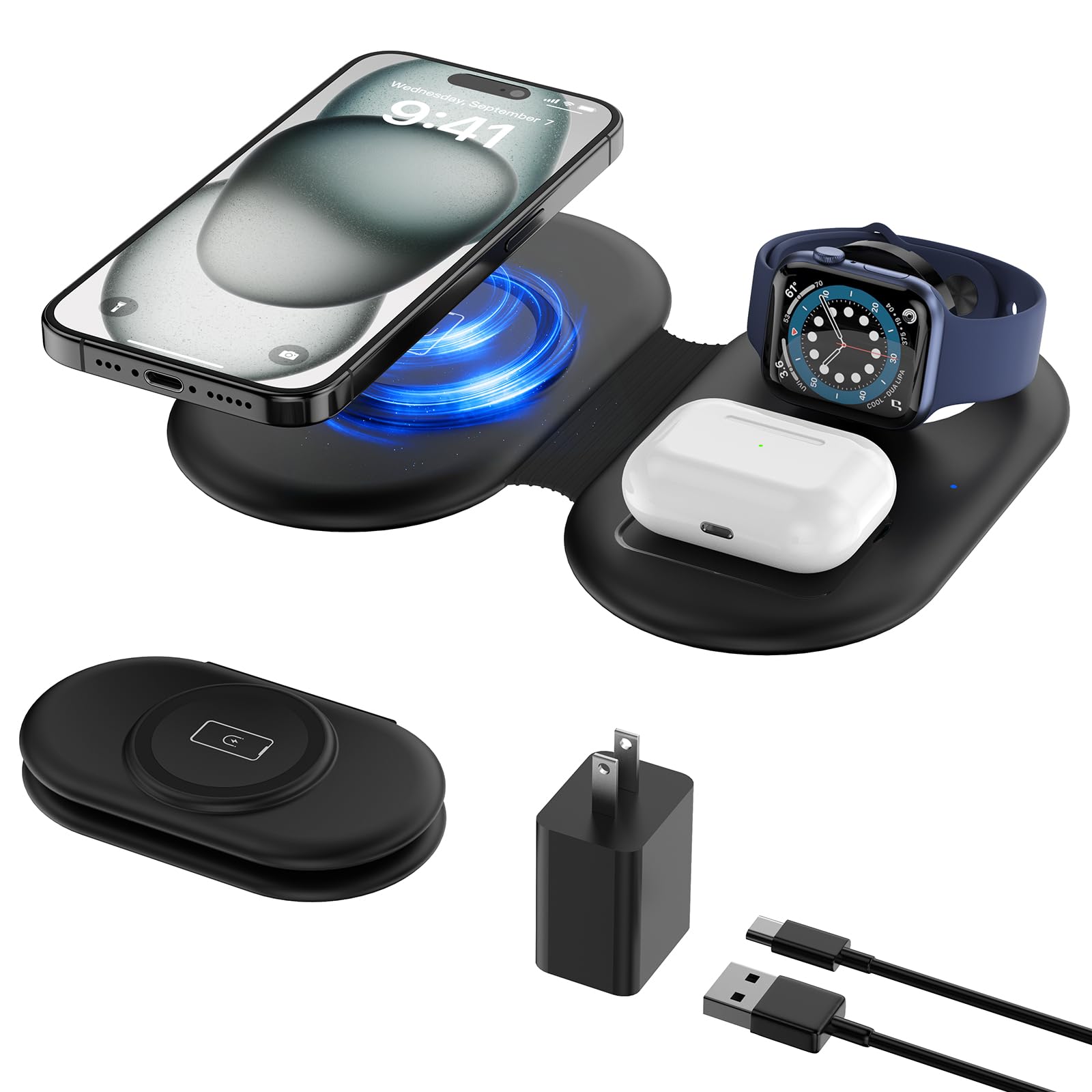 Fanisic Wireless Charger for Apple Multiple Devices, 3-in-1 Fast Magnetic Charging Station/Pad Compatible for iPhone 15/14/13/12/Pro Max/SE/11/XS/XR/8 Fit for Apple Watch/iWatch 9-2 AirPods