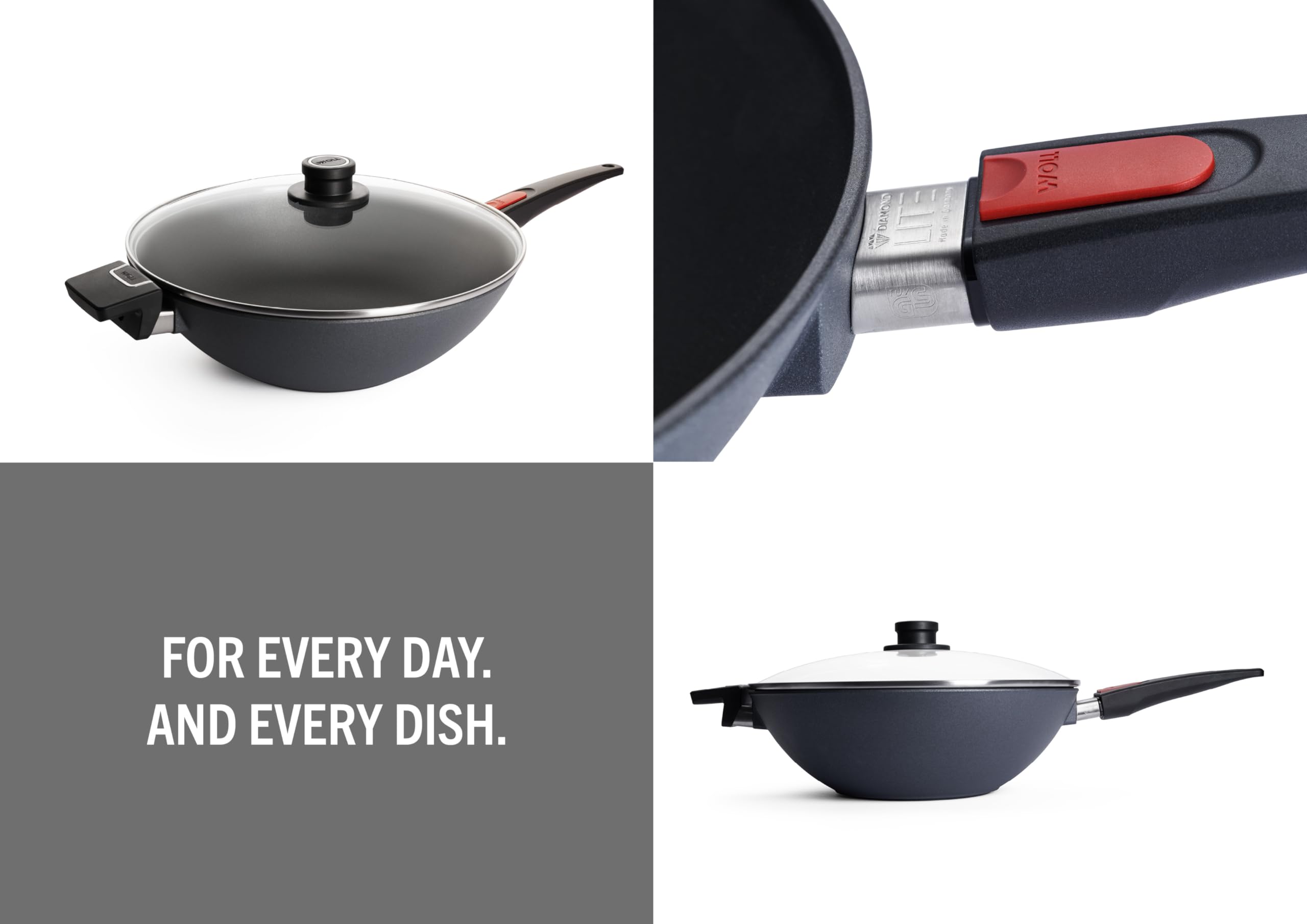 Woll 11034DPIL Diamond Lite in ghisa-Wok a induzione con Coperchio in Vetro in Scatola, Diametro 34 cm, 11 cm Altezza con Manico Rimovibile