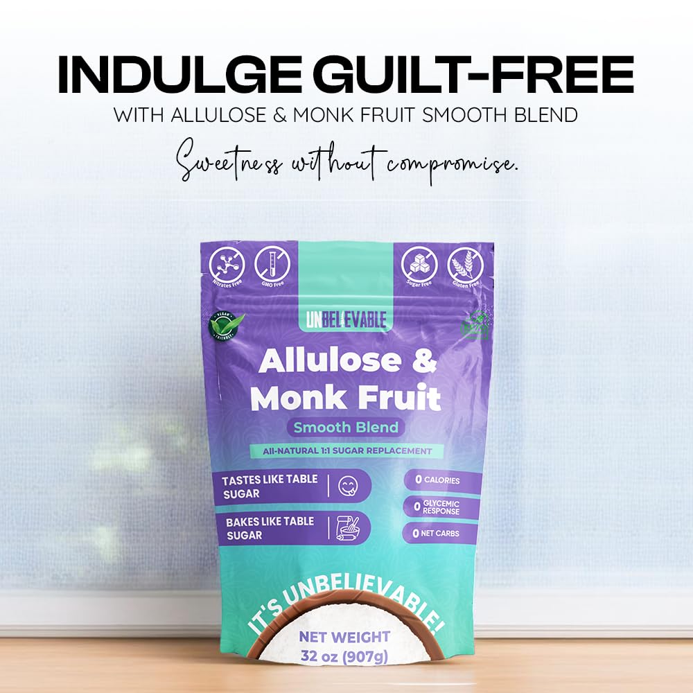 Unbelievable 32 Oz Natural Monk Fruit Sweetener with Allulose | 224+ servings | Smooth Blend Zero Calorie Sweetener for Baking & Beverages | Resealable Pouch & Zero Net Carbs