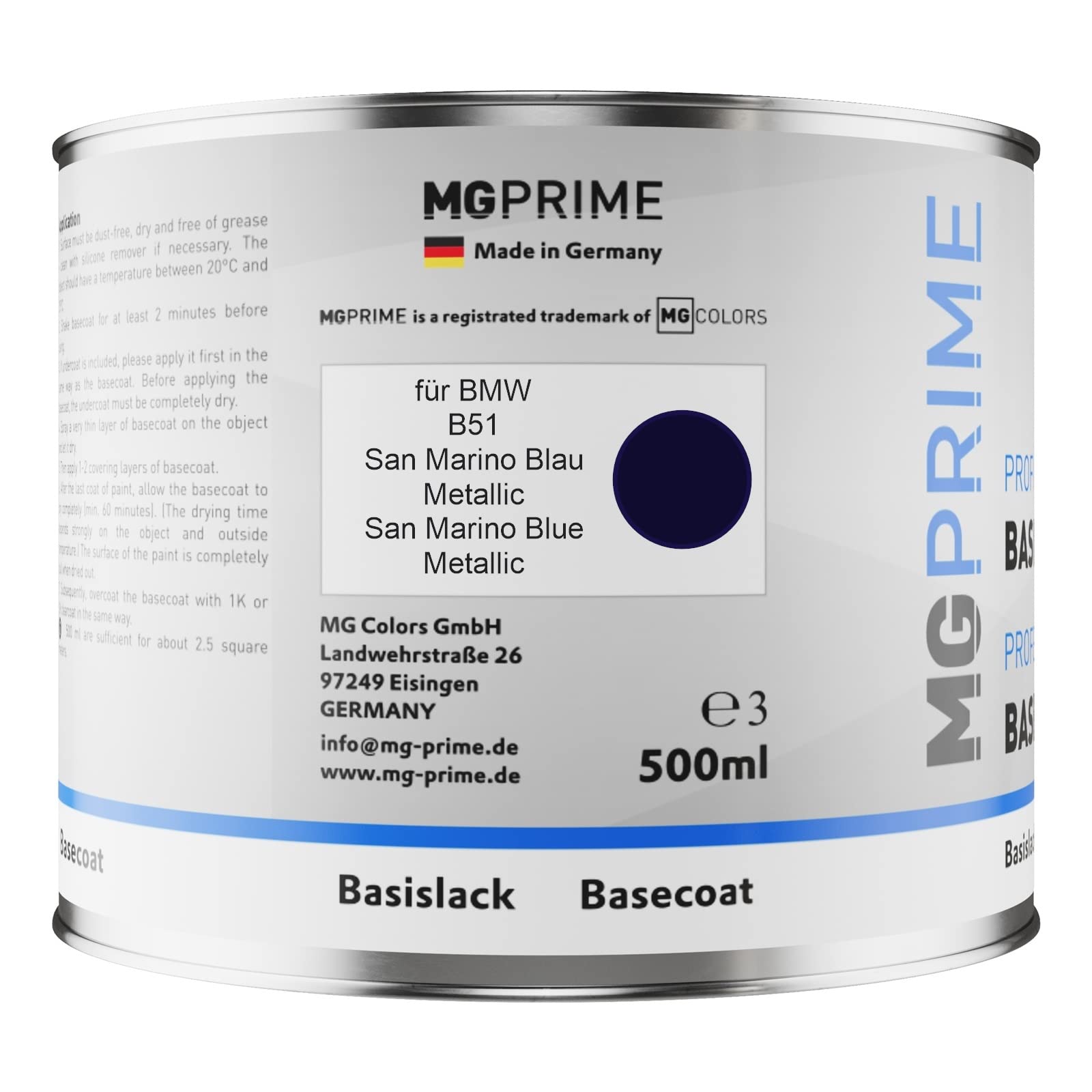 MG PRIME Autolack Dosen Set für BMW B51 San Marino Blau Metallic 1,25L | San Marino Blue Metallic, Set aus Basislack + 2K Klarlack + Härter, Literware, spritzfertig