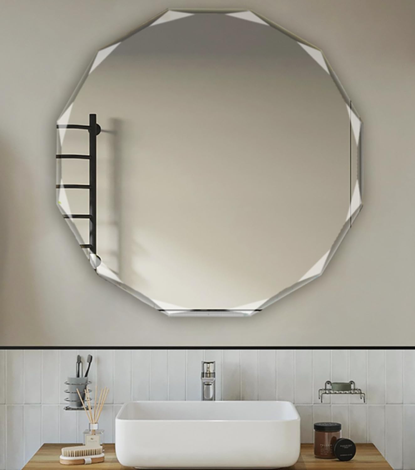 Single Beveled Edge Circle Mirror Frameless Wall Mount Bathroom Vanity Mirror, 20”, Silver