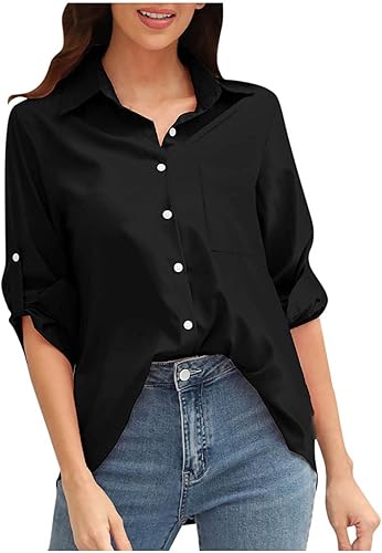 LFEOOST Camisa de cuello blanco para mujer, casual, de manga larga, con botones, para otoño, ajuste holgado, blusas con bolsillo