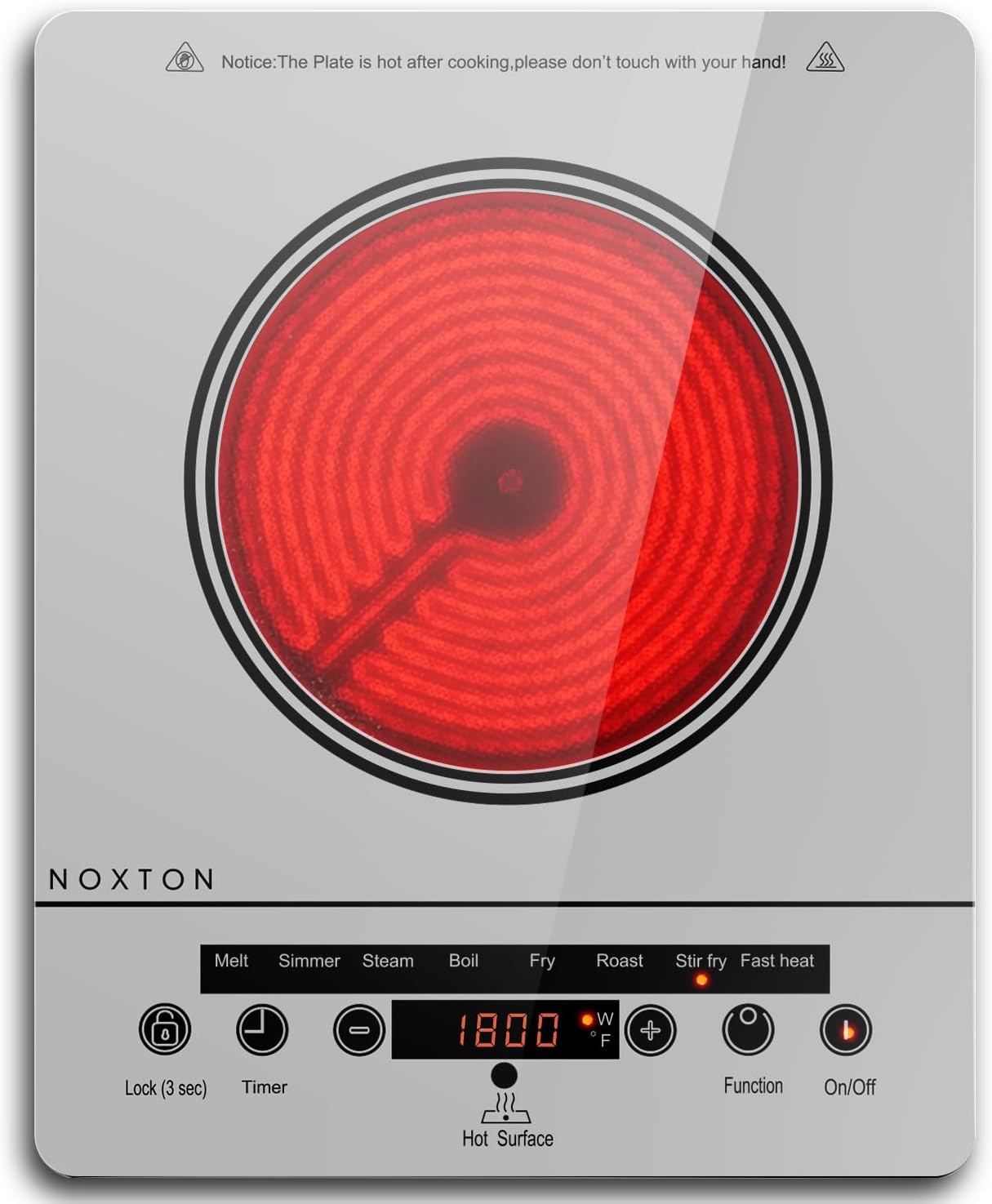 Noxton Portable Electric Stove 110V, 1800W Single Burner Electric Cooktop, Countertop Burner Electri Hot Plate, 4 Hour Timer, 9 Power Level, Child Safety Lock, Compatible with All Cookware(Grey)