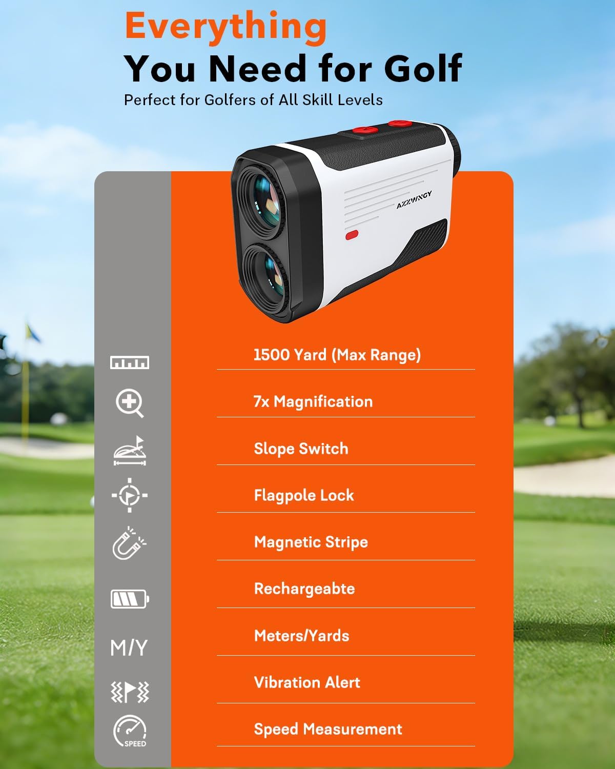 Golf Rangefinder with Slope - 1300/1500 Yards Laser Range Finder for Golf & Hunting, 7X Magnification, High-Precision Flag Locking Vibration, Rechargeable, IP54 Waterproof, Built-in Magnetic Strip