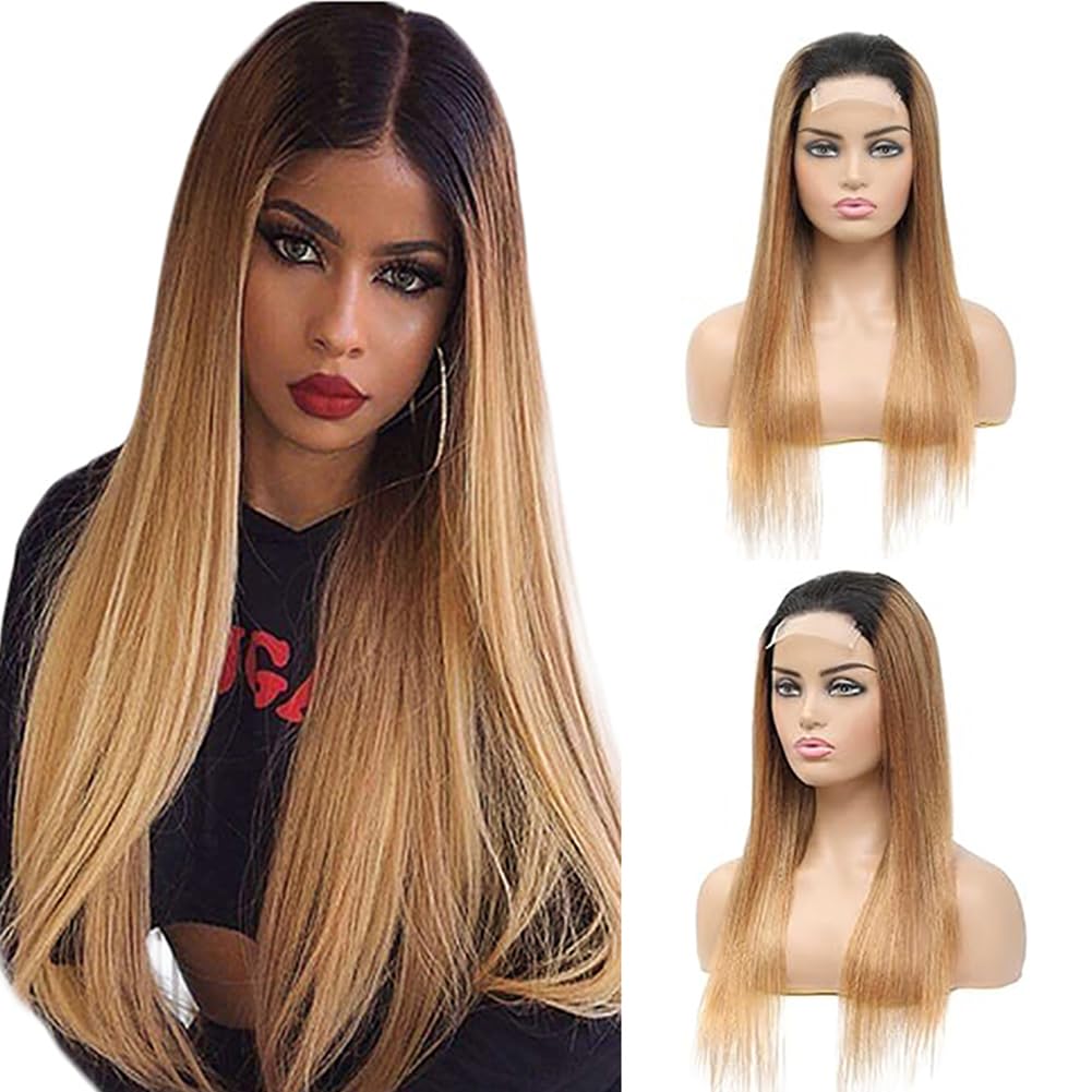 Straight Human Hair Wig 4X4 Lace Menschliches Haar Perücke Damen Echthaar Glueless Wear and Go Pre Plucked with Baby Hair Low Shedding Ombre Blonde 1b427 for Women 18 Inch