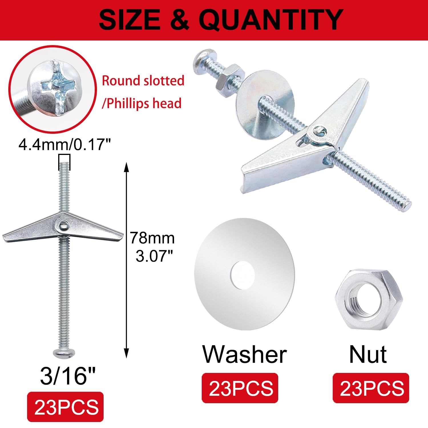 23 anclajes de pared resistentes de 3/16 pulgadas para paneles de yeso, kit de pernos de palanca y tuercas de ala, anclajes huecos para paneles de yeso y tornillos, anclajes de mariposa para