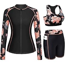 Women 3 Piece Rash Guard - 3PC Long Sleeve Zip up Swim Shirt Sports Bra Modest Swimsuit with Shorts