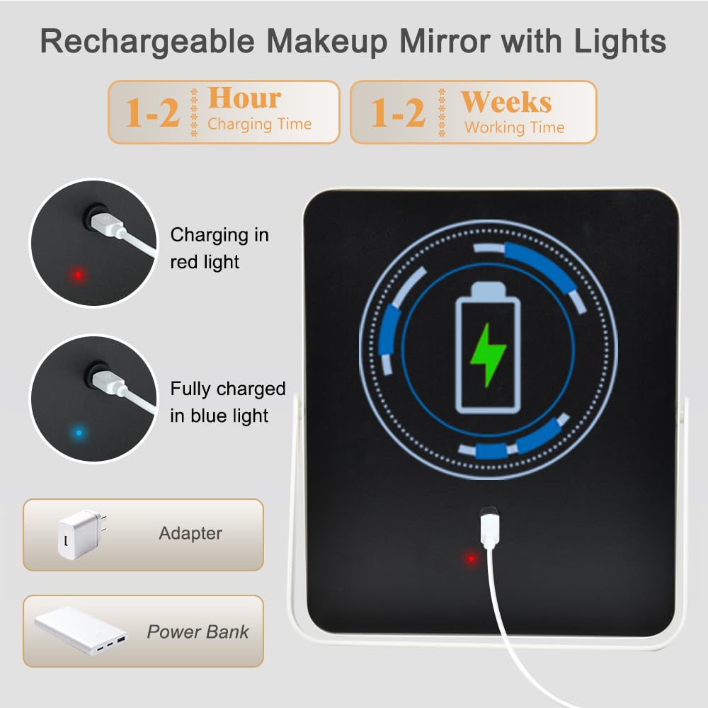 YEKKOPT Specchio da scrivania portatile con luci, 30,5 x 25,4 cm, piccolo specchio ricaricabile per trucco con luci, touch screen intelligente con illuminazione a 3 colori, dimmerabile, per dormitorio