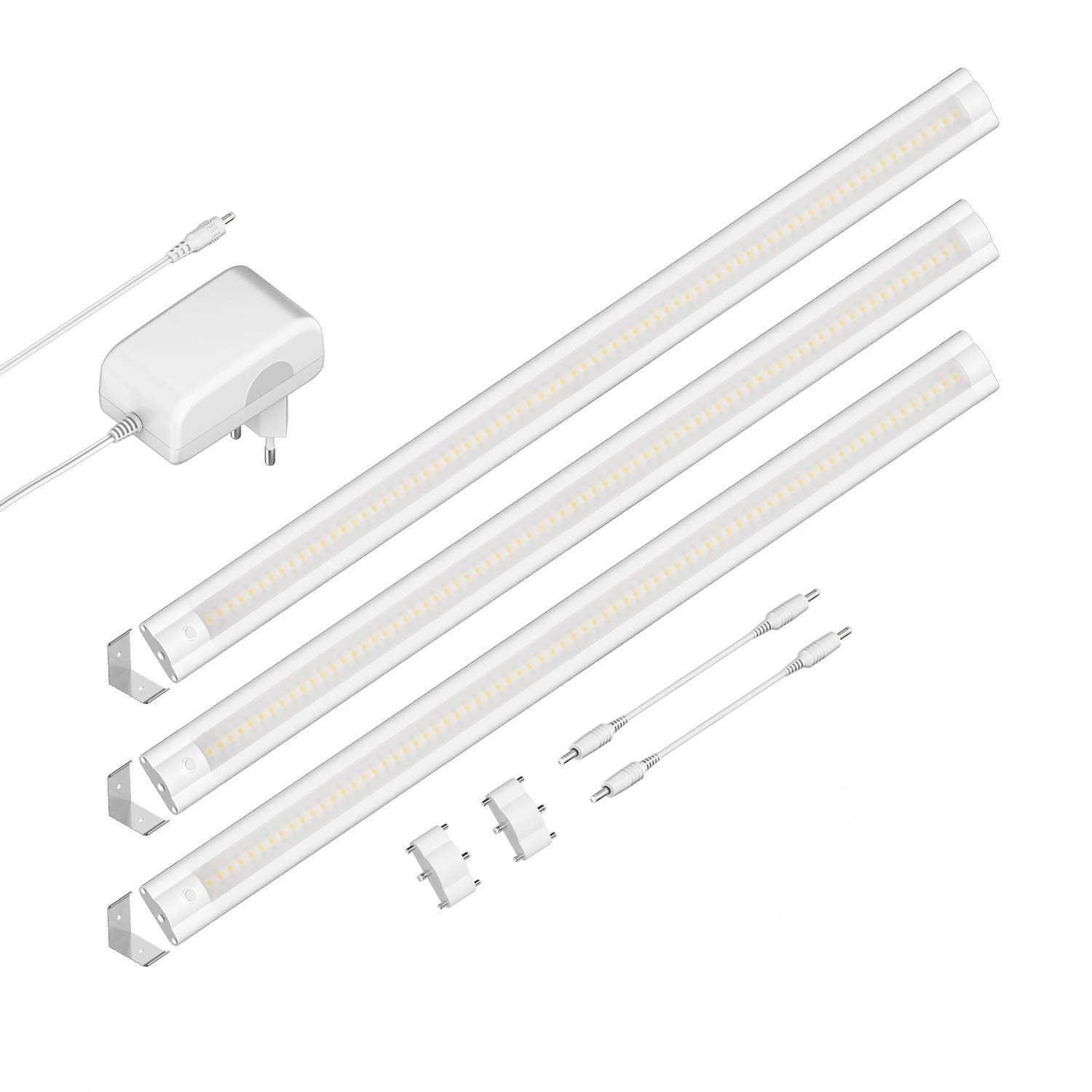 ledscom.de Luminaria LED bajo el armario SIRIS blanco mate, con conector, montaje en esquina, plano, cada 50cm, cada 531lm, blanco cálido, juego de 3