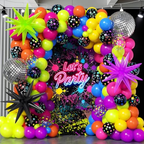 Monzleyyy 200Pcs Neon Balloons Garland Arch Kit with Glow in the Dark Balloons - Different Sizes Neon Balloon Arch Kit for Back to 80s 90s Disco Birthday Lets Glow Party Rock Roll Party Decorations