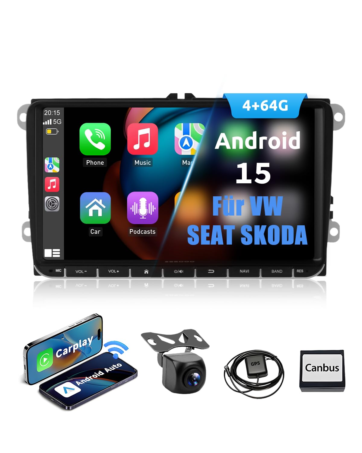 ESSGOO True 4+64G Wireless Autoradio, 9 Zoll Touchbildschirm mit Carplay Android Auto, Android 15 Car Radio für VW Golf 5 6 T5 Polo Passat Touran Tiguan Seat Skoda mit Bluetooth GPS AM FM RDS SWC