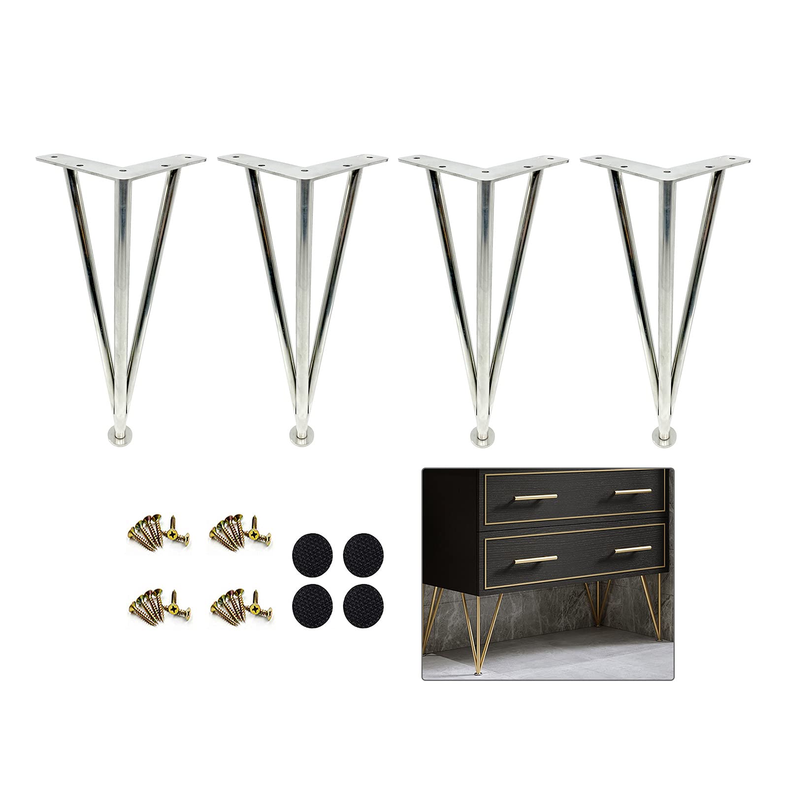 Patas de mesa de metal ajustables con protectores de suelo, patas de horquilla resistentes para tocadores, baños y escritorios, patas de muebles, color plateado, 30 cm