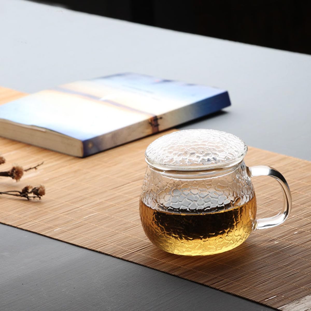 TOYANDONA Taza de Té Gruesa de Vidrio con Diseño Martillado Set de 3 Piezas con Infusor y Tapa Taza con Asa para Oficina y Hogar Filtro para Té Suelto Multiusos 350 Ml