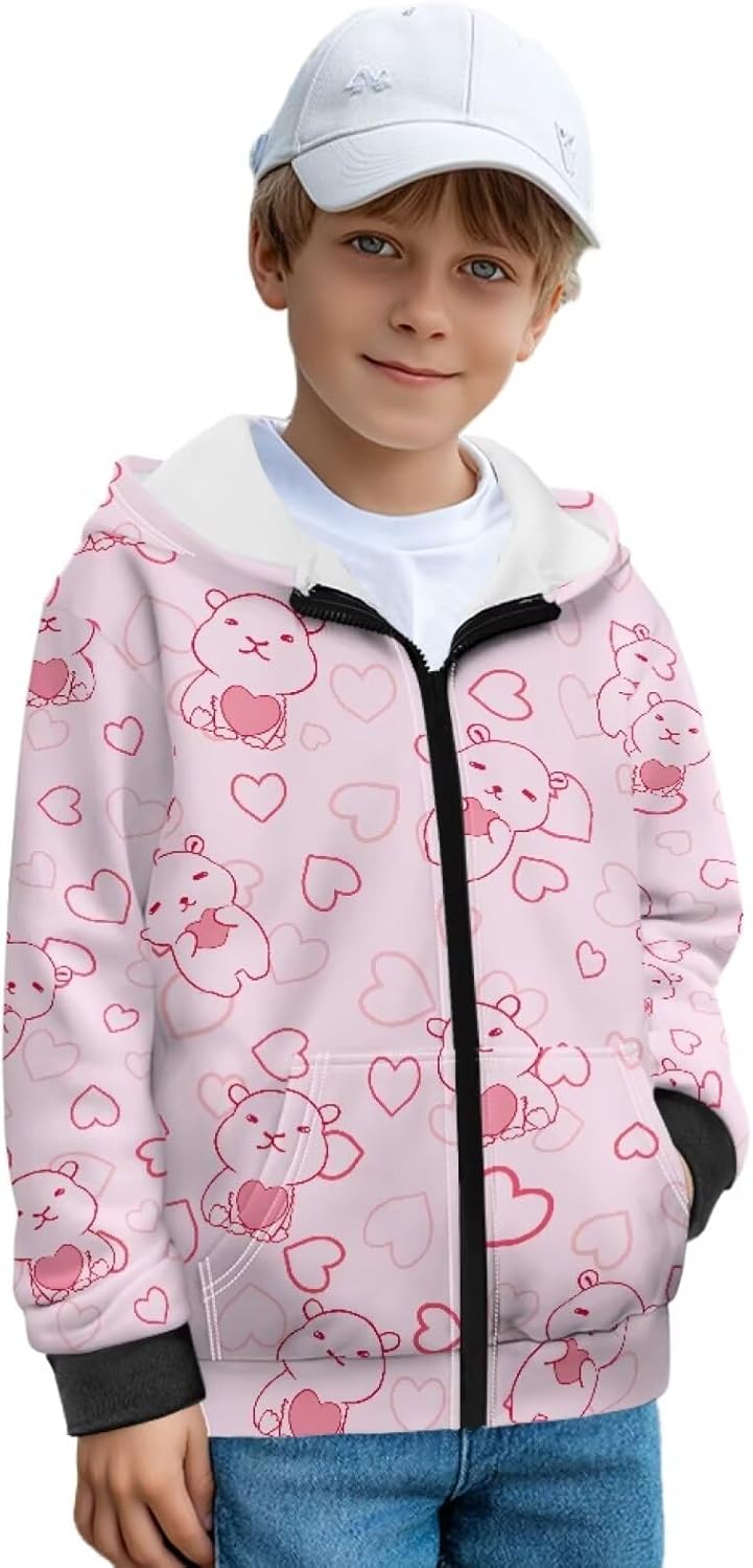 Boys Capybara Hooded Sweatshirt Oversized Zip-Up Fleece Hoodie Sweater Sweatshirts Jackets for Girls