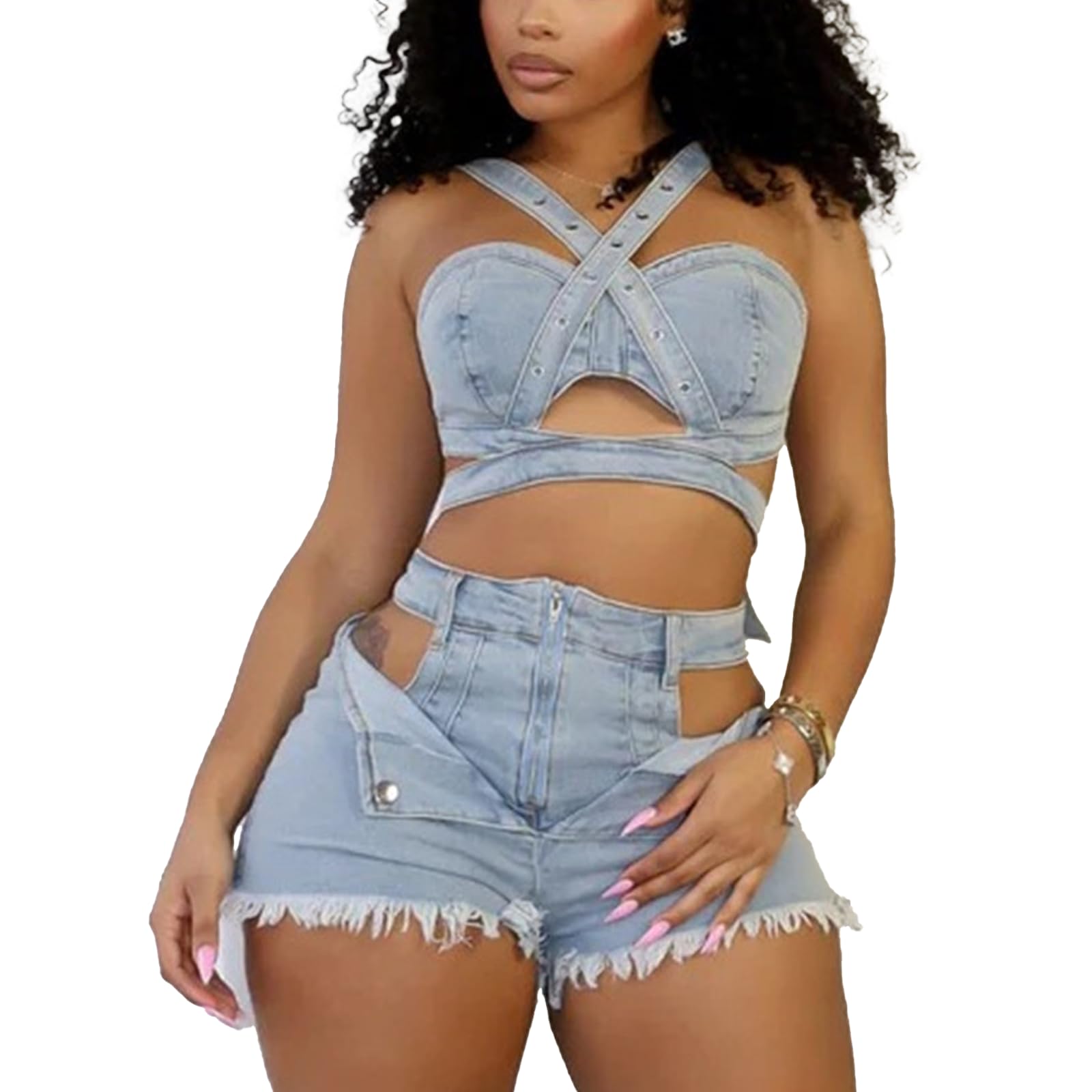 YOUFE Womens Sexy Denim 2 Piece Outfit Stretchy Crop Tank Top Bodycon Shorts Set Hollow Out Jean Vest Club Tracksuit Summer