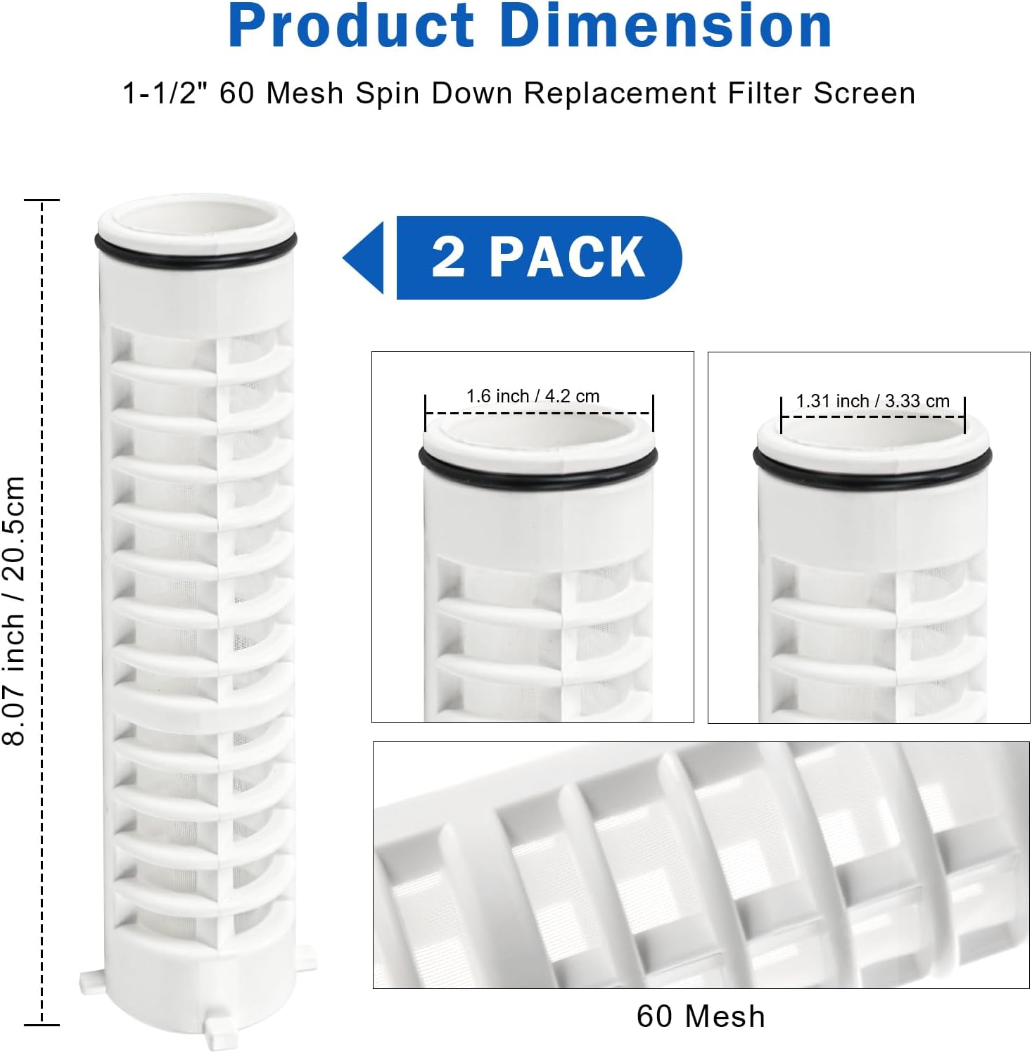 1-1/2" 60 Mesh Spin Down Replacement Filter Screen, Spin Down Sediment Filter Replacement for 1 1/2-60 Rusco Spins Down Filters for Well Water and Sprinkler Irrigation, 2 Pcs