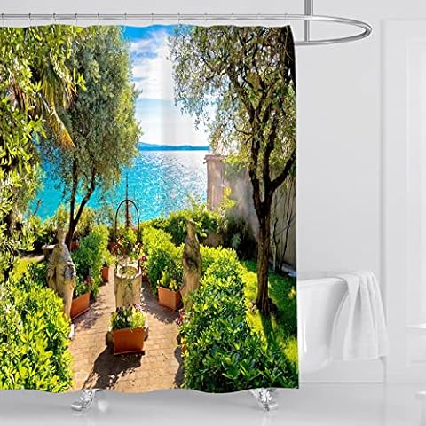 OCEUMACO 3D Ocean Shower Curtain Italy Garden Scenery Bathroom Wet Room Outdoor Leaves View Extra Long Wide Bath Curtains Mould Proof Resistant Washable 240 x 200 cm Waterproof Fabric with Hooks Cover