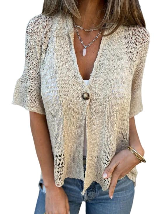 Promisedo, Hollow V-Neck Single Button Loose Short Sleeves, Women's Crochet Cardigan Summer Lightweight Hollow