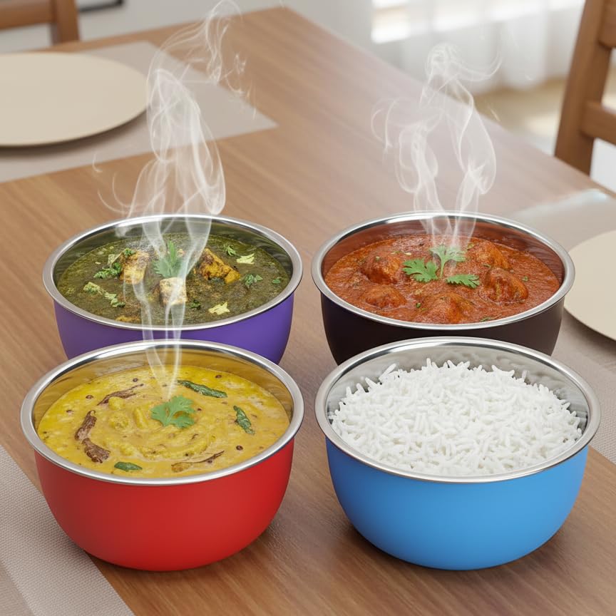 Image of Zaib Microwave Safe Stainless Steel Food Storage Bowl with Lid | Snack Serving Cooked Food Storage Container for Kitchen Capacity- 500 ML Each (Multicolor White Lid)