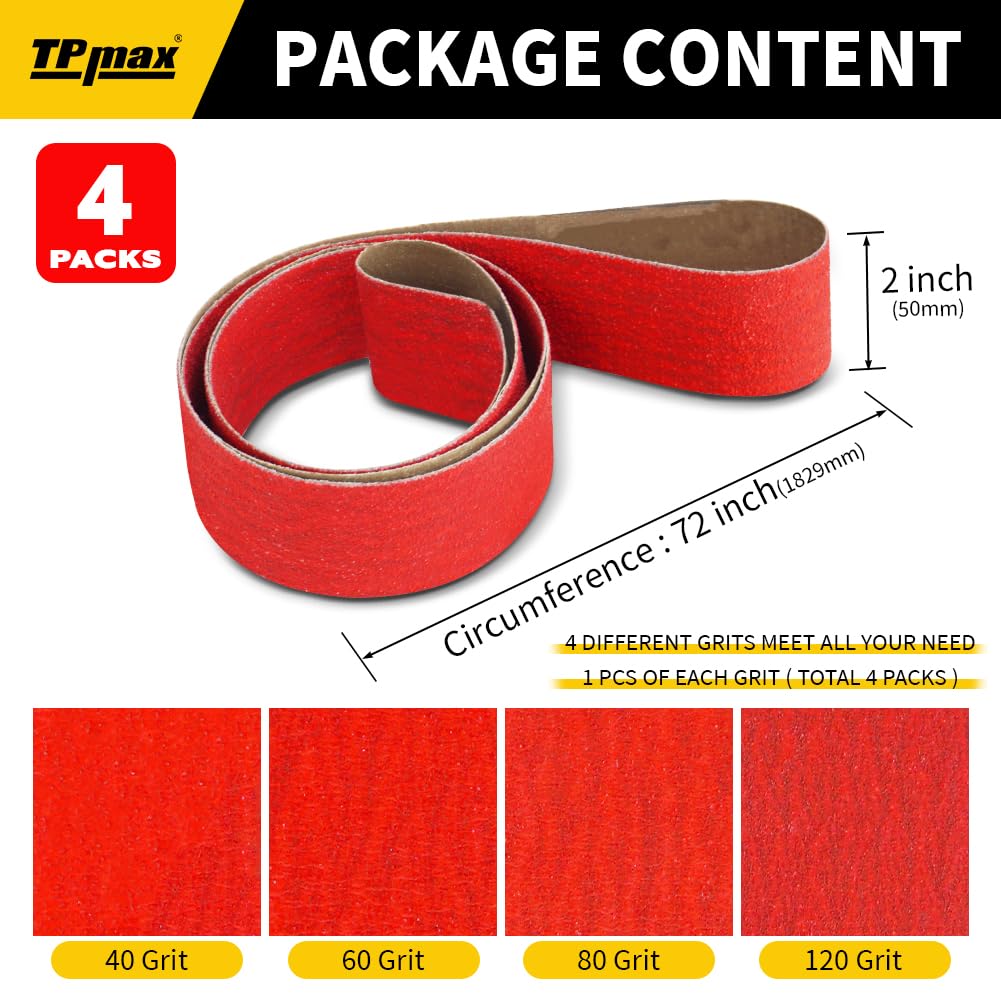 Bandas de lijado de cerámica de 2 x 72 pulgadas (grano 40/60/80/120) – Correas de afilado de lijadora de alto rendimiento para fabricación de cuchillos, metalurgia y carpintería