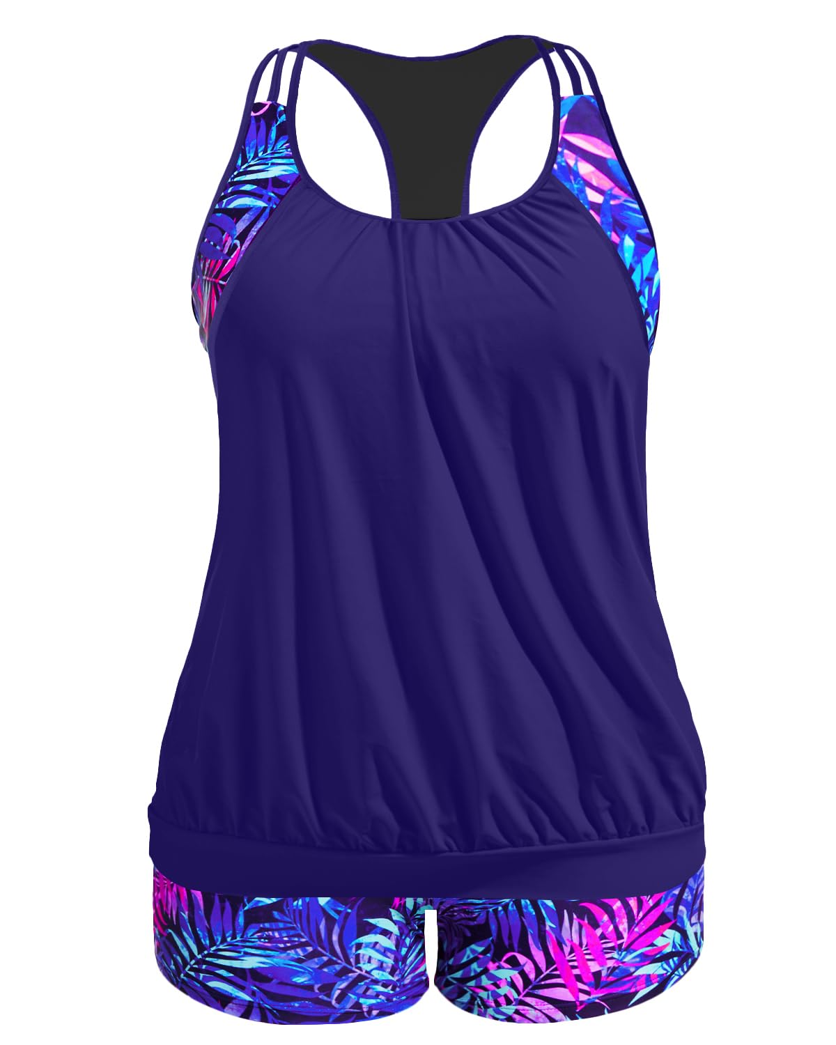 Holipick Blue Purple Leaves Plus Size Tankini Swimsuit - competitive swimwear | Mubboo
