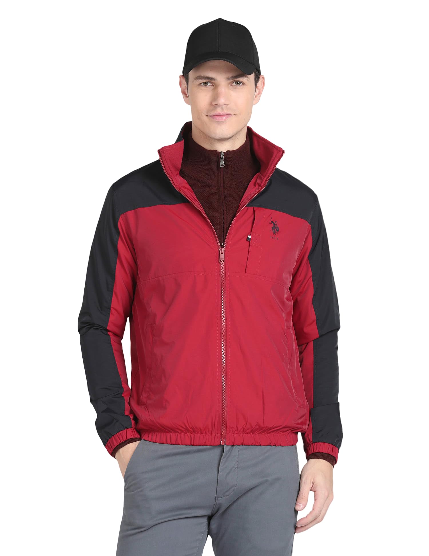 Red Colourblocked Regular Fit Men's Jacket-image-35