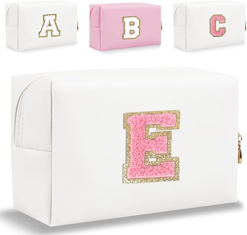 Pequeña bolsa de maquillaje personalizada, bonita bolsa de maquillaje de piel sintética con letras de chenilla, bolsa de cosméticos de viaje, bolsa