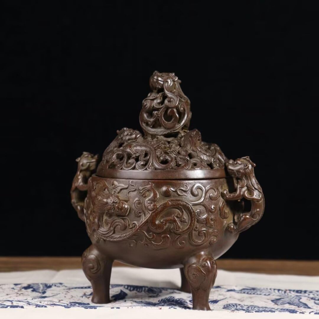 Quemador de Incienso Chino de Cobre Puro, Regalo Zen, Estufa de meditación para el hogar, Oficina, hogar, Estilo Chino con Tapa, Quemador de sándalo Decorativo.