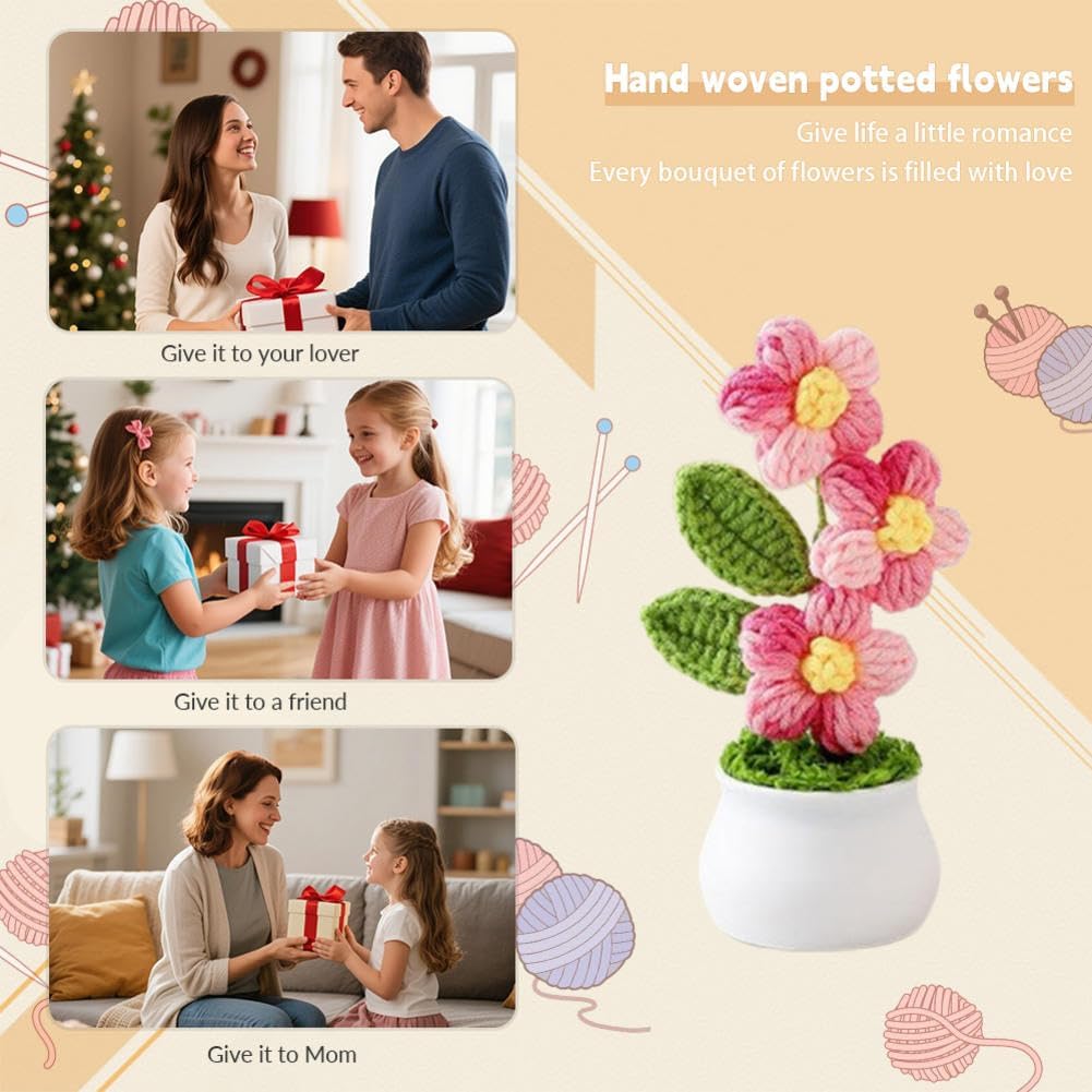 Crochet Flowers,Crochet Flower Bouquet,Cute Handmade Crocheted Flowers,Small Mini Potted Puff Flower Knitted Ornaments,Used for Home Office Desktops and Car Decorations