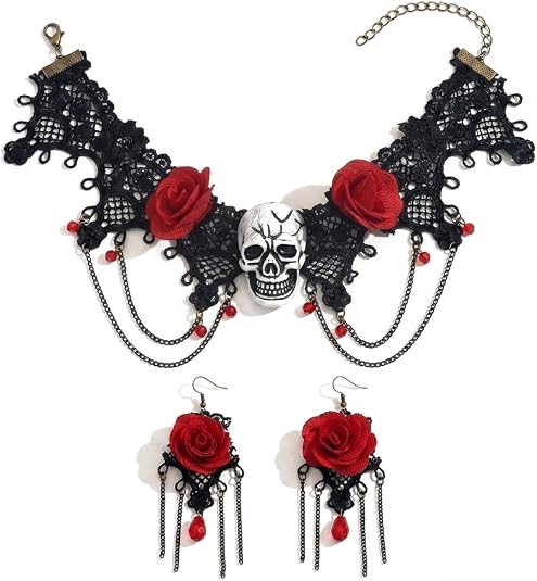 Gothic Jewelry Set for Women Red Flower Skeleton Skull Black Lace Choker Necklace Earrings Costume Goth Vampire Collar Earring Punk Halloween Spooky Cosplay Jewelry