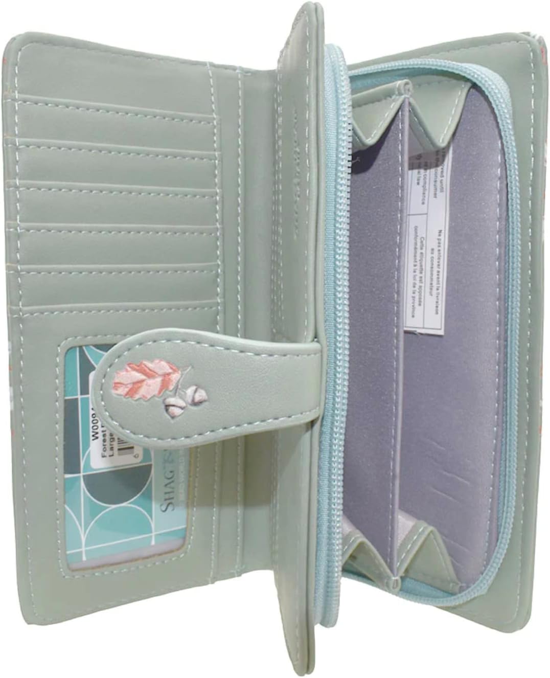 Shag Wear Forest Friends Large Animal Wallet for Women and Teen Girls Deer Owl Squirrel Rabbit Fox and More Vegan Faux Leather 7" Mint Green
