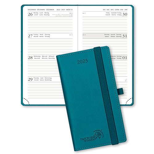 POPRUN Pocket Diary 2023 Week to View 16.5 x 9 cm - Slim Weekly Planner A6 Runs Dec'22 - Dec'23 with Dotted Note Pages, Vegan Leather Hardback,Pacific Green