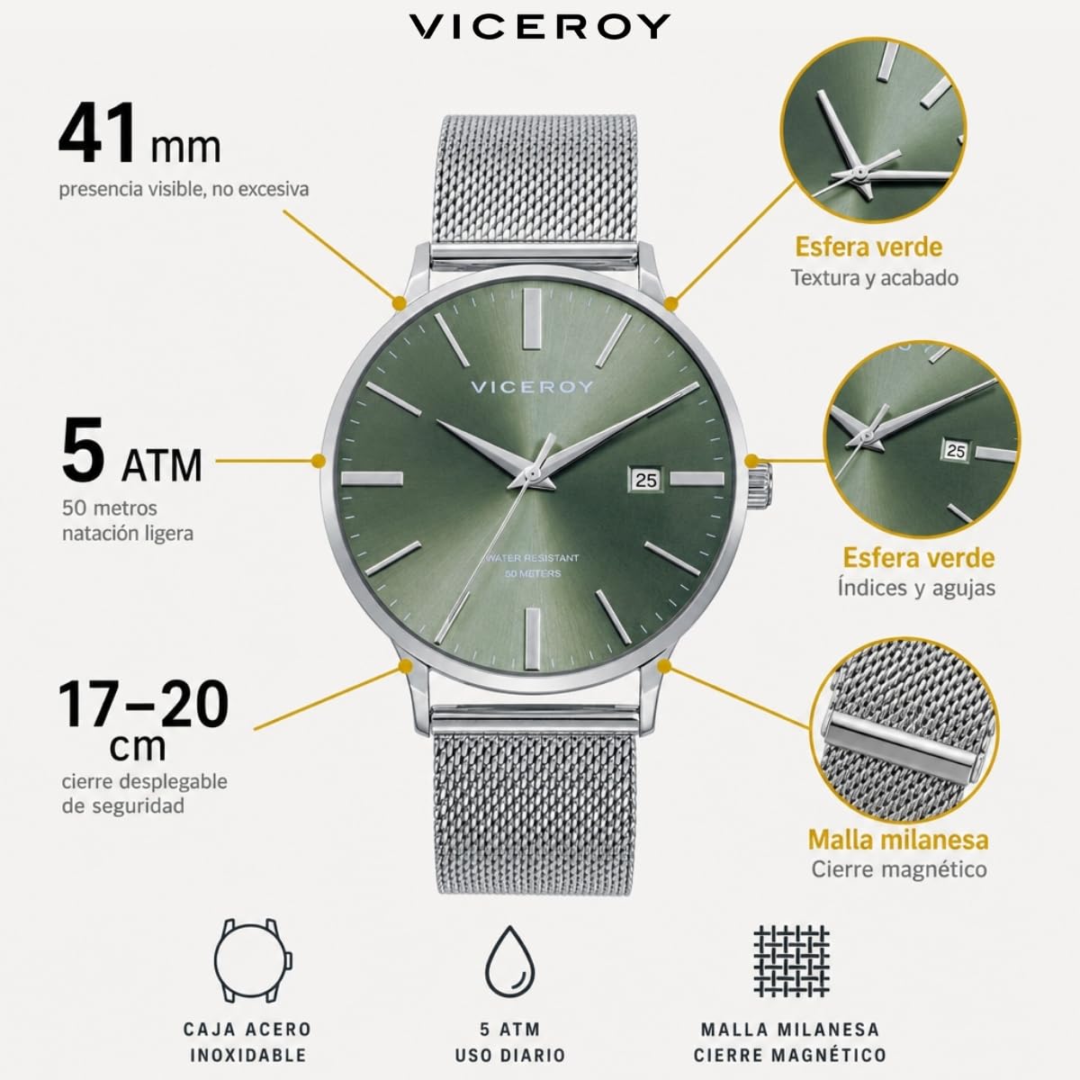 Viceroy Reloj Hombre Elegante para Vestir de Acero Inoxidable - 41 mm - Movimiento de Cuarzo - Bisel Dorado - 401497