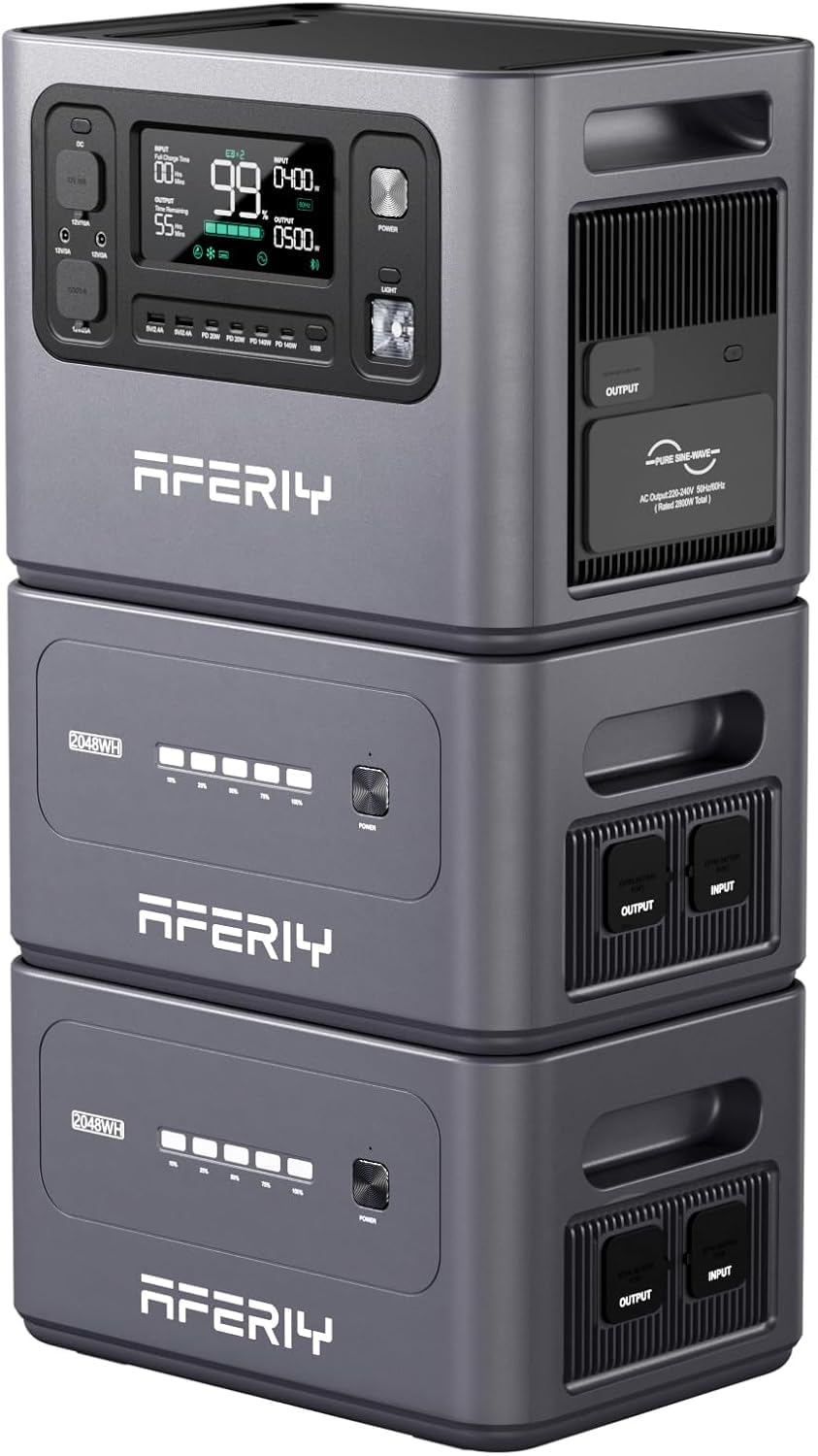 AFERIY 2800W Set Powerstation 2048Wh, Con 2 Baterías Expansión, Carga Rápida En 1,5H, 13 Salidas, Onda Sinusoidal Pura 230V, Generador Solar LiFePO4 6144Wh Para Acampada Oficina En Casa 2025 Nuevo