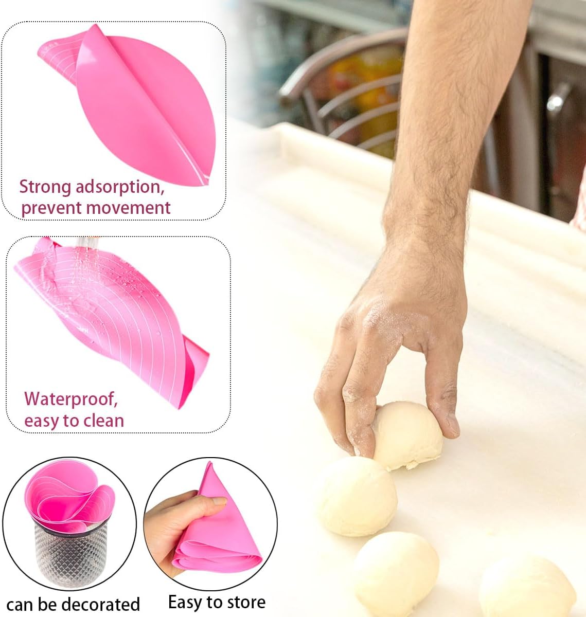 Qoaimu Silicone Cake Mat, 12 Inch Round Silicone Mat, Cake Mat with Measurements, Cake Turntable Mat, Reusable Cookie Mat for Rolling Dough, Non-Stick Heat Resistant, Pastry Baking Pad Pink, middle