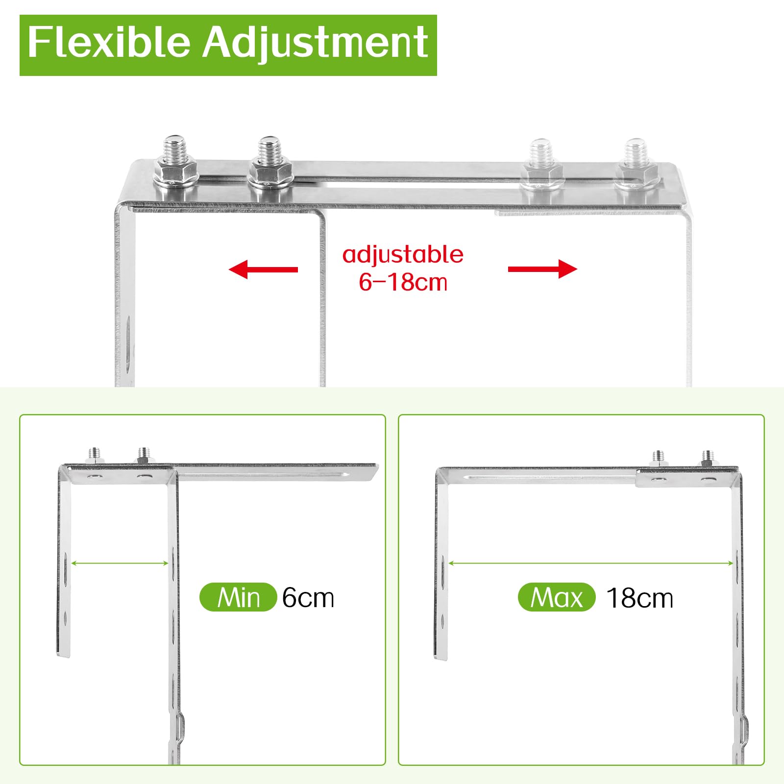 2x Crochets de fixation pour panneaux solaires, Support de balcon réglable 6–18 cm en acier inoxydable 304 Support avec vis pour balcon photovoltaïque, garde-corps carrés/ronds (sans perçage)