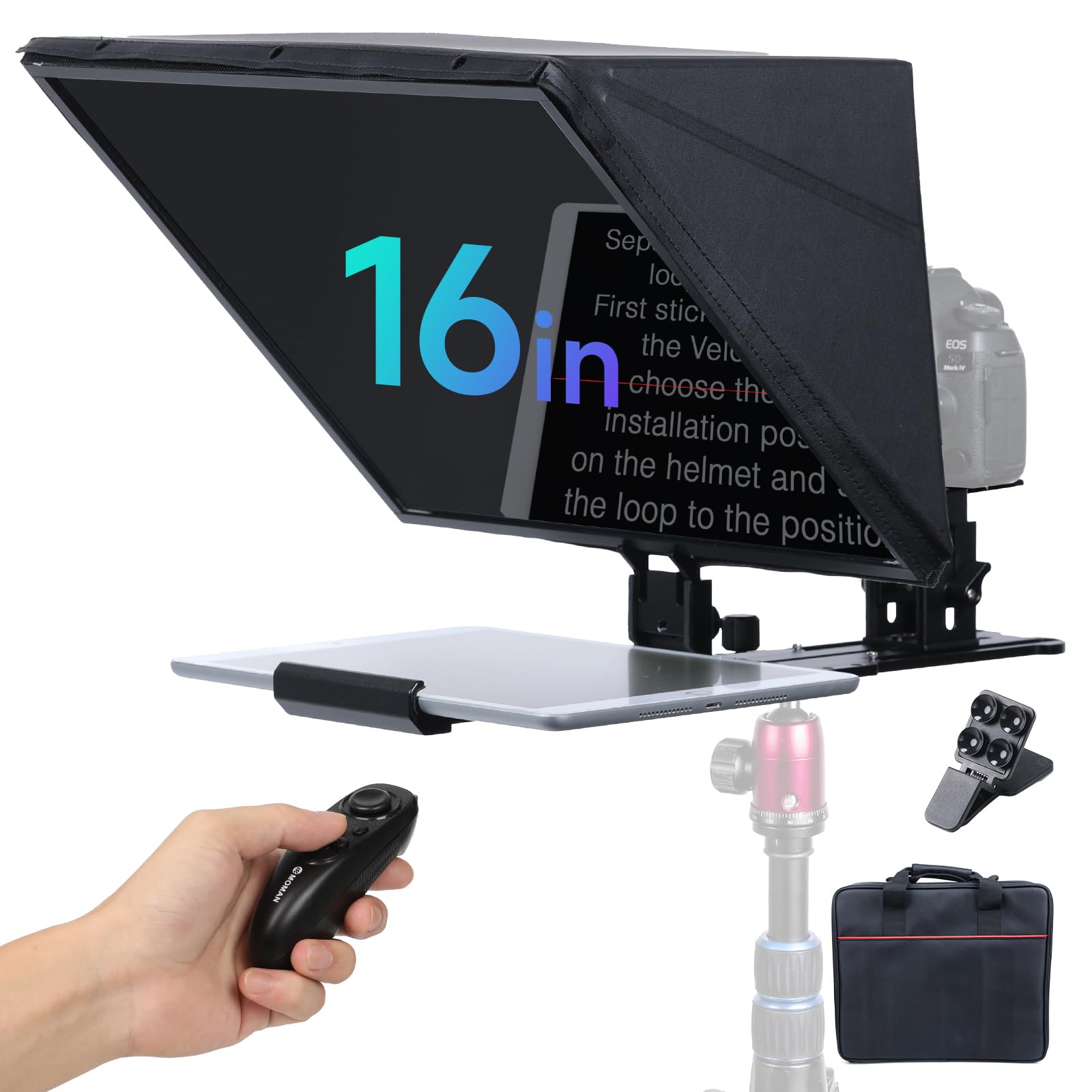 Teleprompter, Moman MT16 Prompter 16 cali, kompatybilny z iPadem/tabletem/smartfonem z aplikacją i zdalnie sterowanym nagrywaniem lustrzanek cyfrowych/kamer wideo, teleprompterów wideo