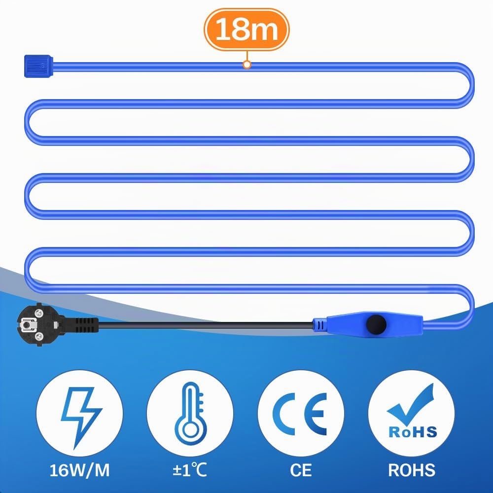 Câble chauffant antigel 18M 16W/M 230V IP68 avec thermostat affichage température tuyauterie