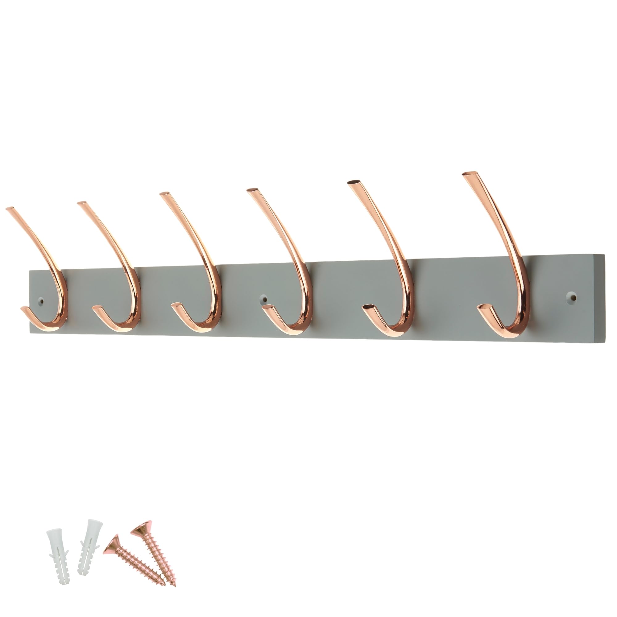 keypak 6 Double Hook Coat Rack - Polished Copper on Grey Board - 69cm Wide - Wall Mounted Wooden Rack for Hats, Coats, Entryway & Bathroom Use