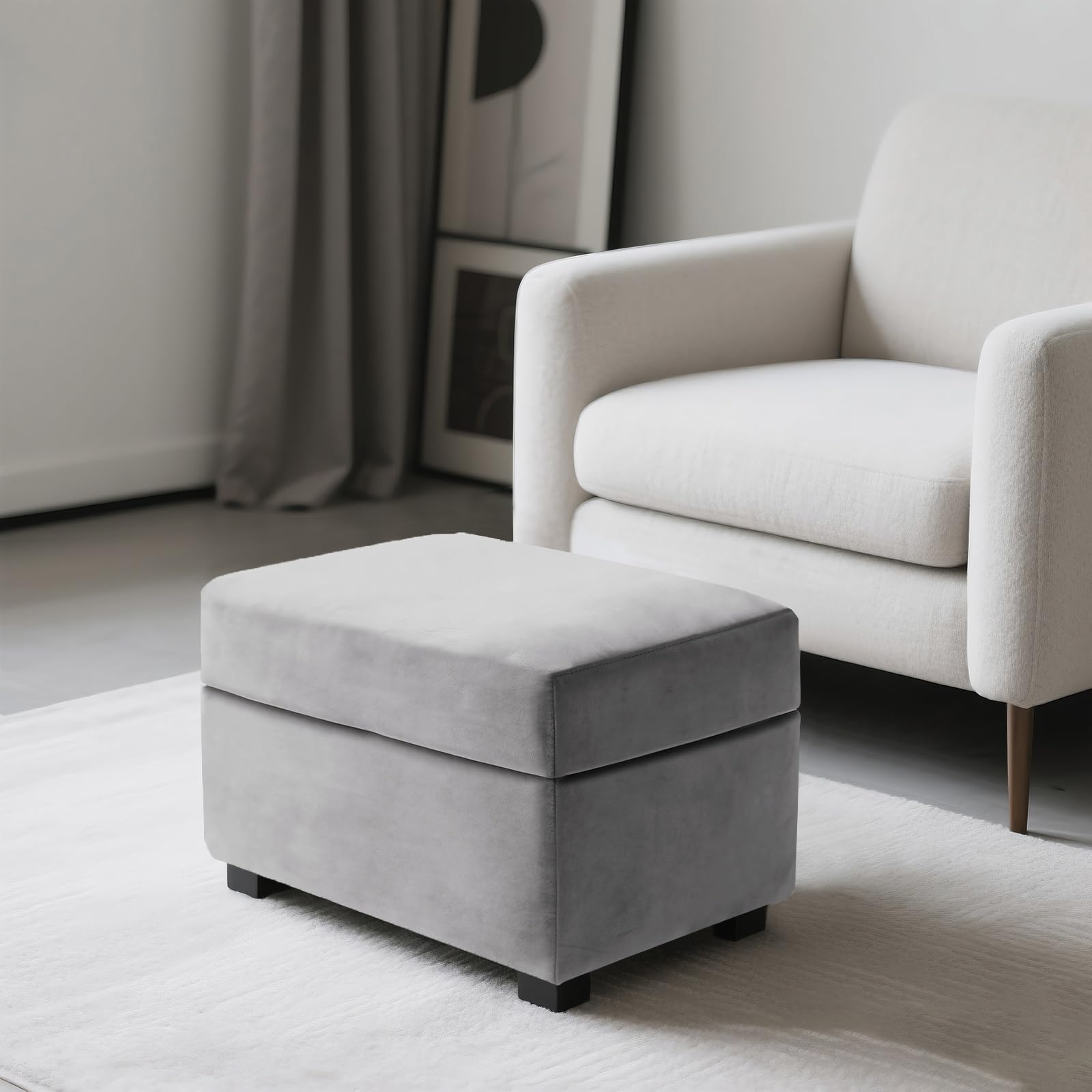 Ottoman Cover Stretch Velvet, Footstool Cover and Pouffe Cover Non-slip with Elastic Bottom/ties, Slipcover for Folding Storage Poofy Foot Stool (Light grey,Rectangular Ottoman+Seat)