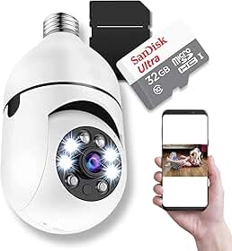 Câmera de Segurança Ip 360 Lâmpada Wifi Com Cartão de Memória 32gb, Infravermelho, Panorâmica, Giratória, 1080P, Visão Noturna, Pet, MicroSD