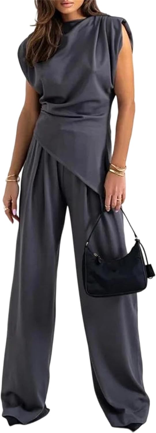 Women’S Summer Solid Two Piece Set Elegant Slim Office Suit Casual Irregular Top Wide Leg Pants Fall Outfits