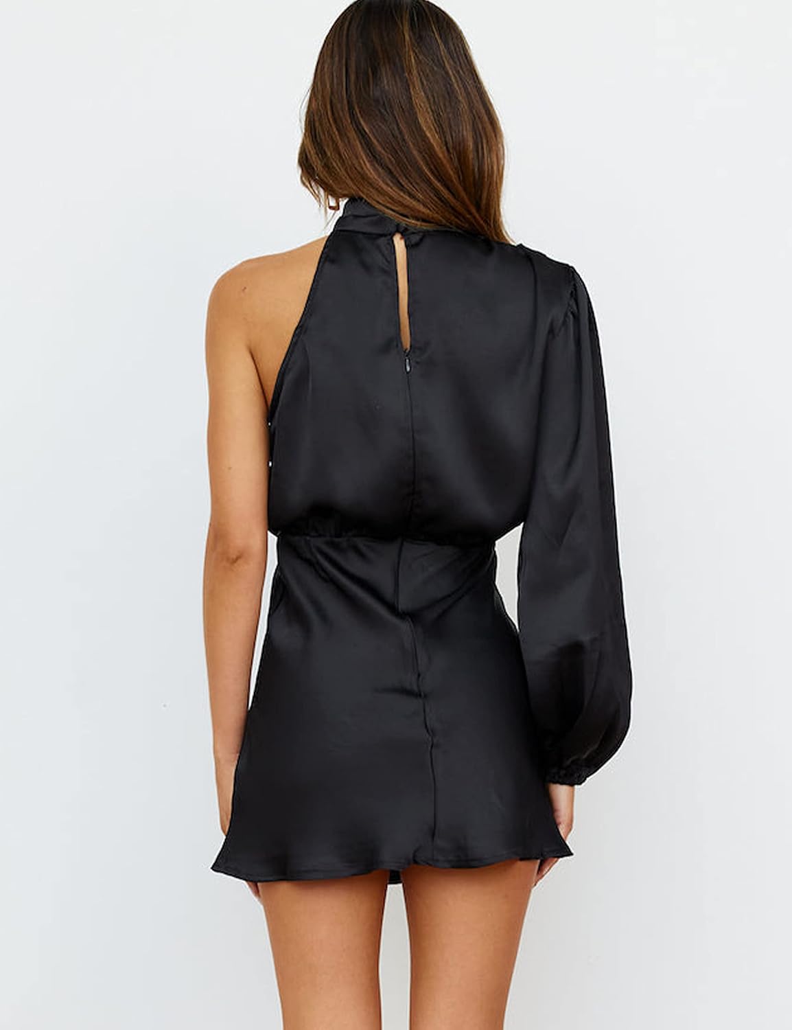 Women's Satin Long Sleeve One Shoulder Mini Dress Silk One Sleeve Turtle Neck Cut Out Cocktail Short Dress for Women - Image 2